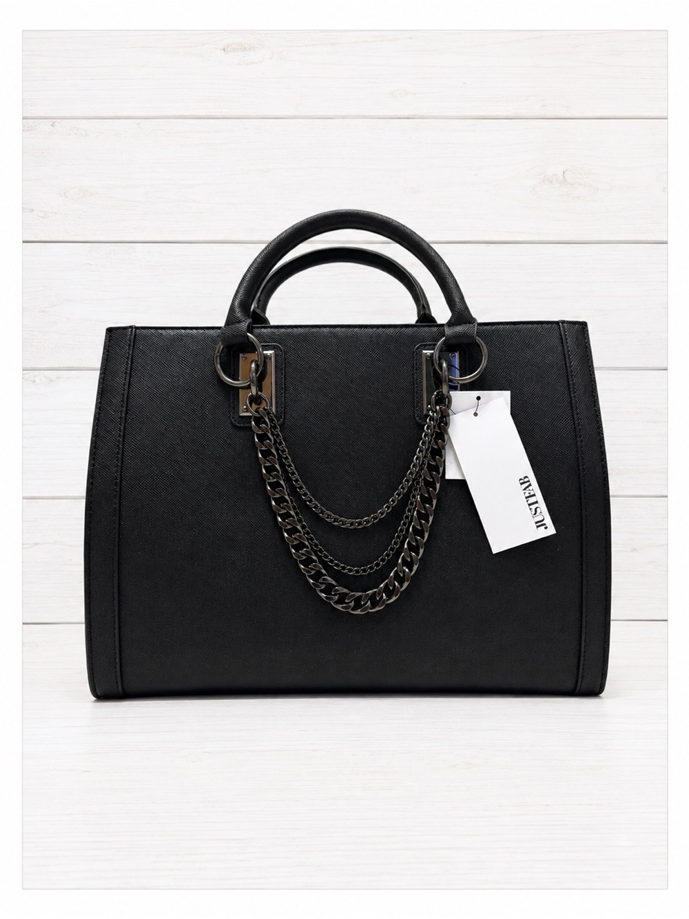 JustFab Black Structured Satchel with Chain Accent
